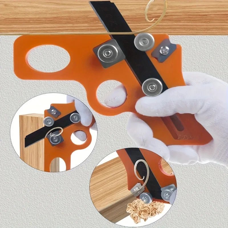 Coupe-chant manuel de type pistolet présenté en utilisation sur panneau bois