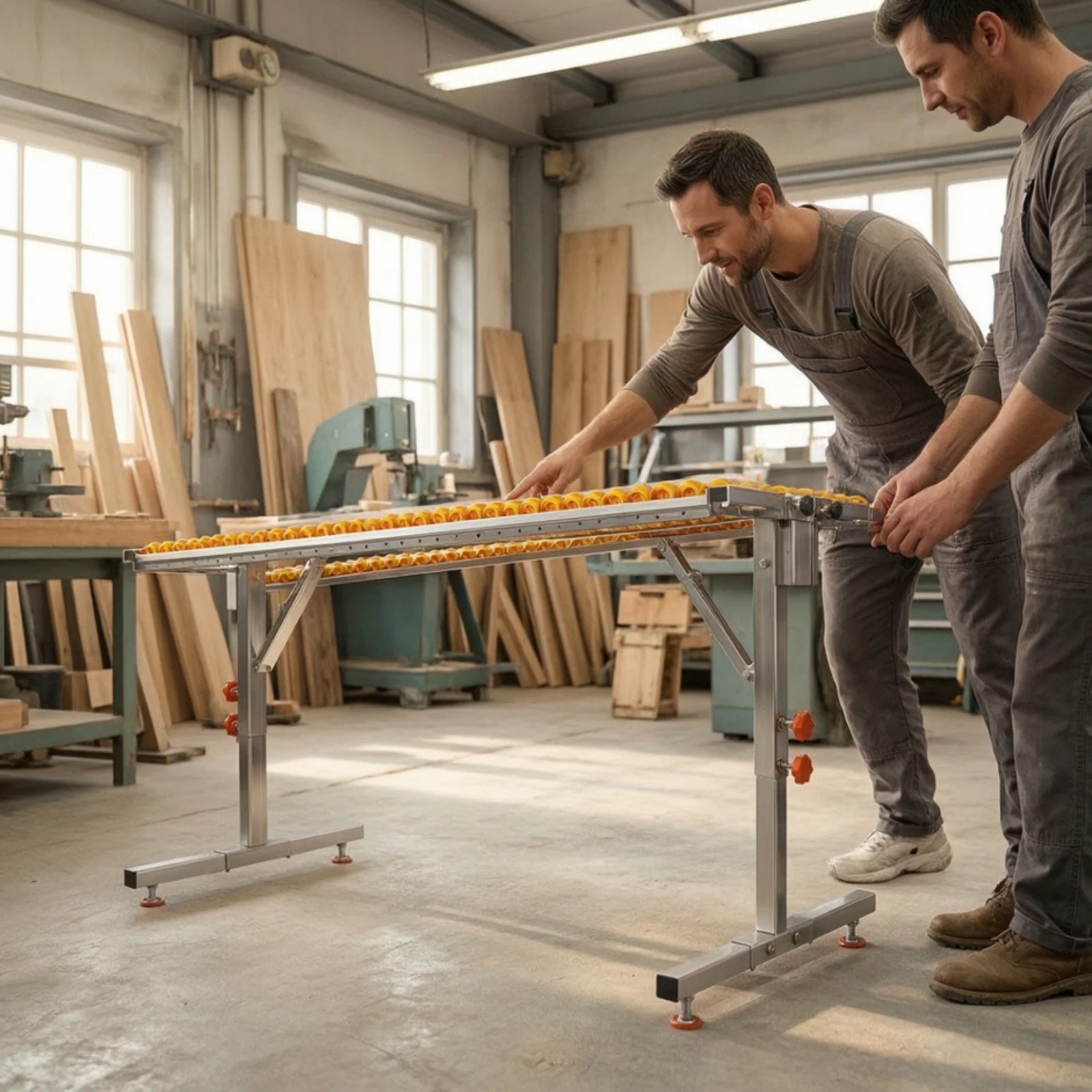Table pour panneaux à bois en position d'usage dans un atelier