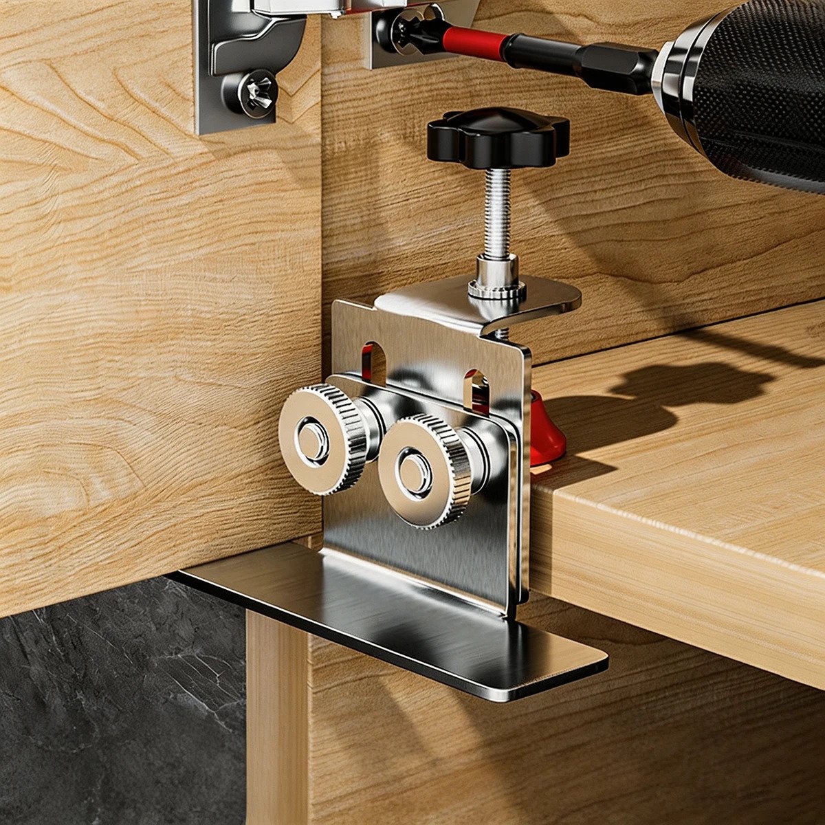 Vue principale du gabarit d’installation d’armoire en cours d’utilisation