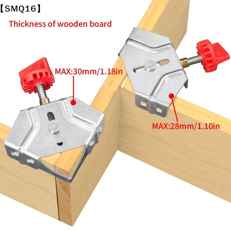Serre-joint d’angle droit avec poignée rouge de serrage sur structure en bois